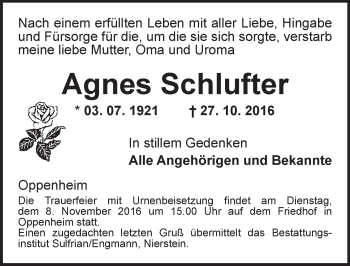 Traueranzeige von Agnes Schlufter von Trauerportal Rhein Main Presse