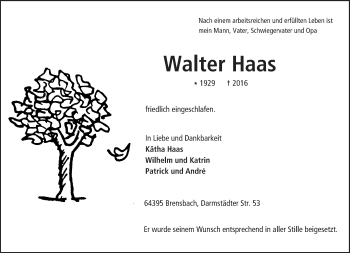 Traueranzeige von Walter Haas von Trauerportal Echo Online