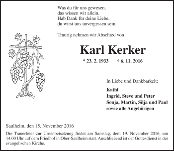 Traueranzeige von Karl Kerker von Trauerportal Rhein Main Presse