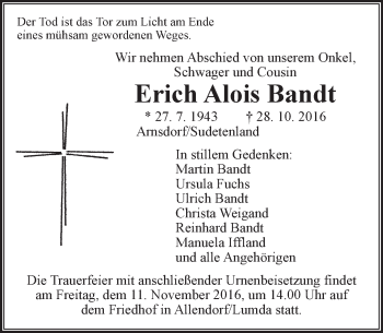 Traueranzeige von Erich Alois Bandt von  Gießener Anzeiger