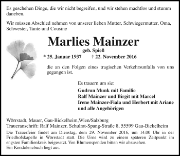 Traueranzeige von Marlies Mainzer von Trauerportal Rhein Main Presse