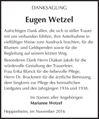 Traueranzeige von Eugen Wetzel von Trauerportal Echo Online