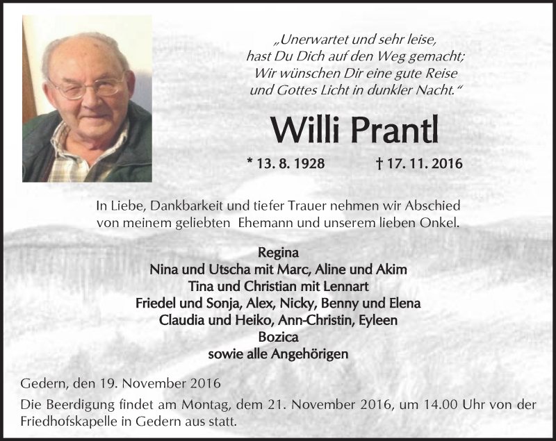  Traueranzeige für Willi Prantl vom 19.11.2016 aus  Kreisanzeiger