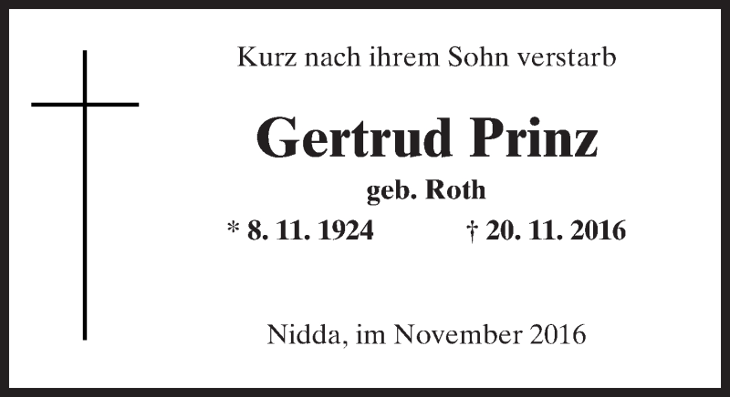  Traueranzeige für Gertrud Prinz vom 26.11.2016 aus  Kreisanzeiger