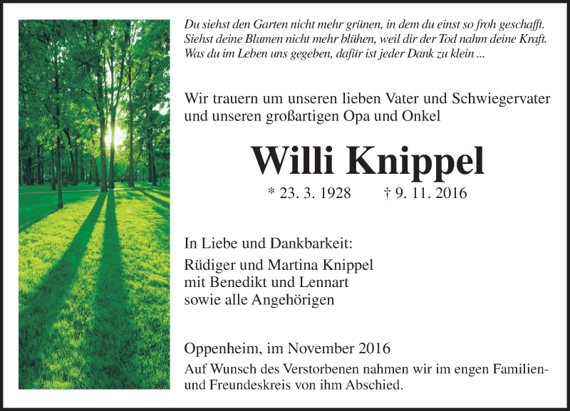  Traueranzeige für Willi Knippel vom 18.11.2016 aus Trauerportal Rhein Main Presse