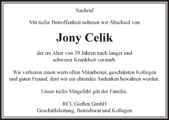 Traueranzeige von Jony Celik von  Kreisanzeiger