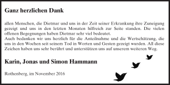 Traueranzeige von Dietmar Hammann von Trauerportal Echo Online