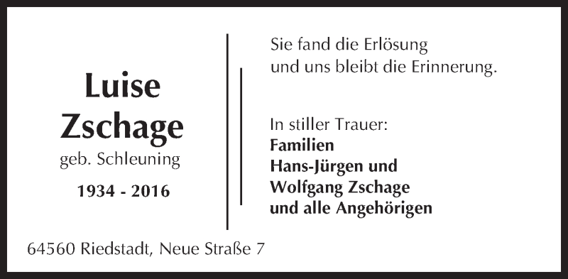  Traueranzeige für Luise Zschage vom 19.11.2016 aus Trauerportal Echo Online