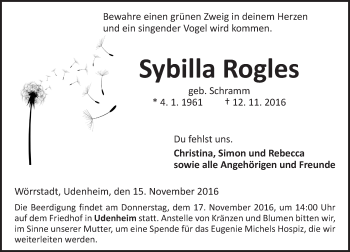 Traueranzeige von Sybilla Rogles von Trauerportal Rhein Main Presse