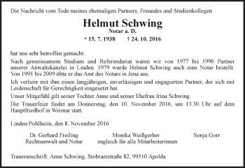 Traueranzeige von Helmut Schwing von  Gießener Anzeiger