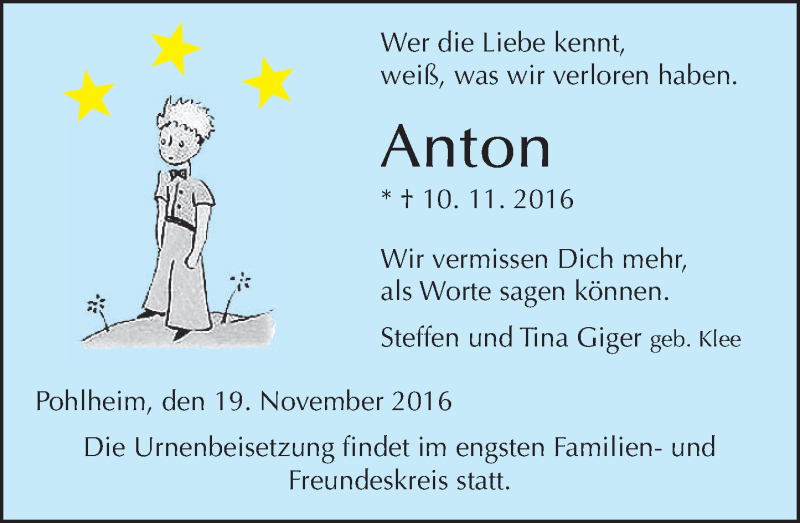  Traueranzeige für Anton  vom 19.11.2016 aus  Gießener Anzeiger
