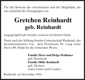 Traueranzeige von Gretchen Reinhardt von Trauerportal Rhein Main Presse