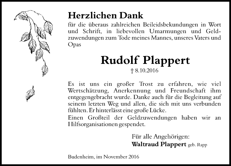  Traueranzeige für Rudolf Plappert vom 12.11.2016 aus Trauerportal Rhein Main Presse