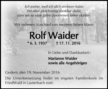 Traueranzeige von Rolf Waider von  Kreisanzeiger