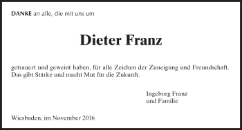 Traueranzeige von Dieter Franz von Trauerportal Rhein Main Presse