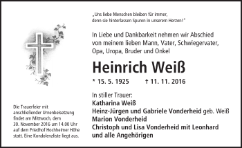 Traueranzeige von Heinrich Weiß von Trauerportal Rhein Main Presse