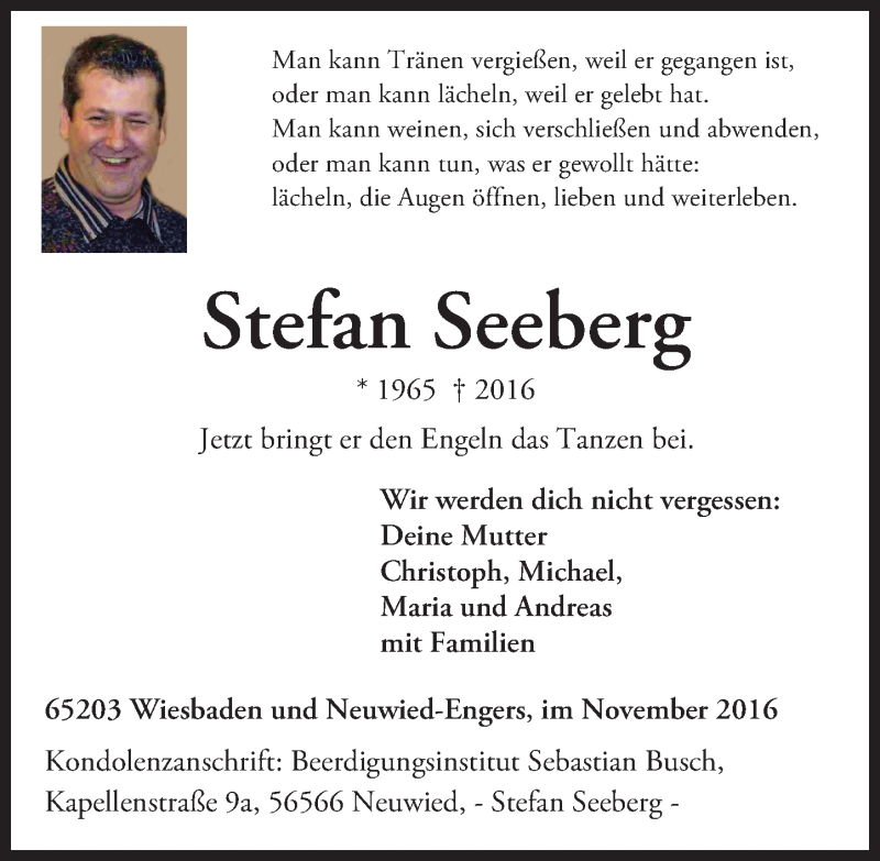  Traueranzeige für Stefan Seeberg vom 12.11.2016 aus Trauerportal Rhein Main Presse