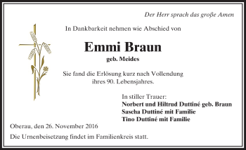 Traueranzeige von Emmi Braun von  Kreisanzeiger