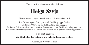 Traueranzeige von Helga Szyja von  Kreisanzeiger