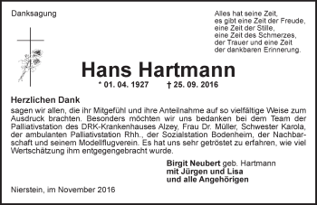 Traueranzeige von Hans Hartmann von Trauerportal Rhein Main Presse