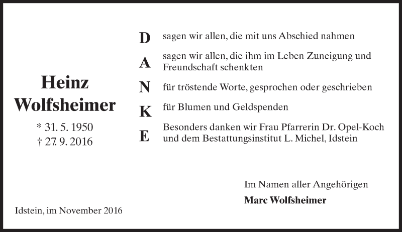  Traueranzeige für Heinz Wolfsheimer vom 05.11.2016 aus Trauerportal Rhein Main Presse