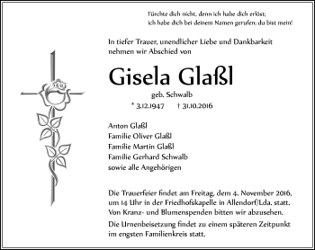 Traueranzeige von Gisela Glaßl von  Gießener Anzeiger