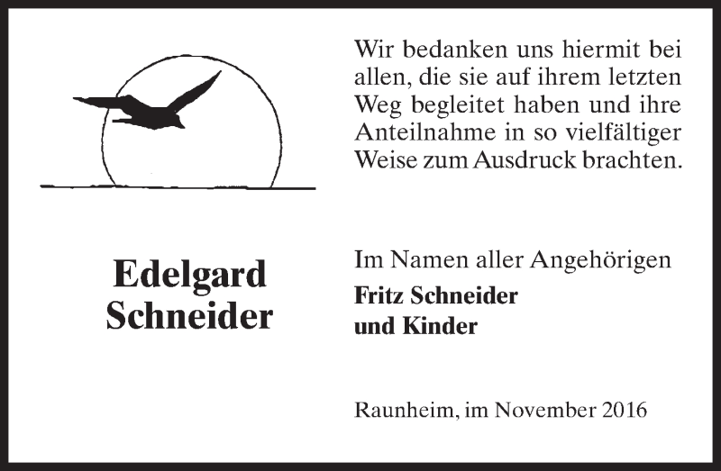  Traueranzeige für Edelgard Schneider vom 23.11.2016 aus Trauerportal Rhein Main Presse