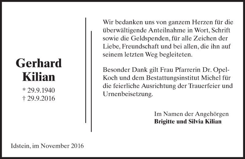  Traueranzeige für Gerhard Kilian vom 19.11.2016 aus Trauerportal Rhein Main Presse