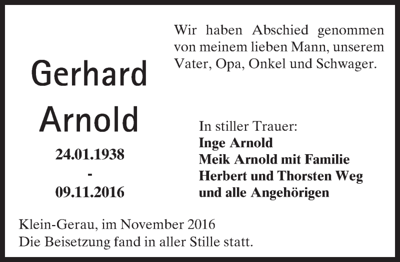  Traueranzeige für Gerhard Arnold vom 22.11.2016 aus Trauerportal Rhein Main Presse