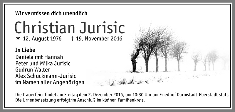  Traueranzeige für Christian Jurisic vom 26.11.2016 aus Trauerportal Echo Online