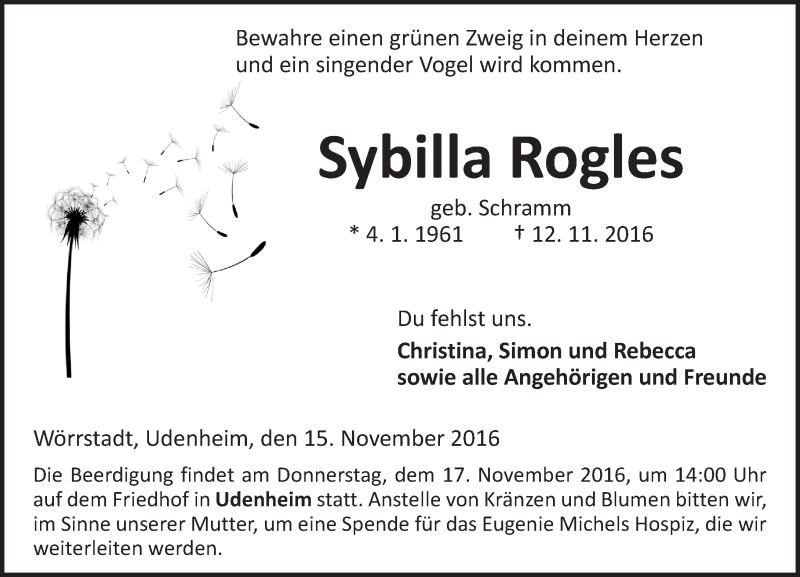  Traueranzeige für Sybilla Rogles vom 15.11.2016 aus Trauerportal Rhein Main Presse