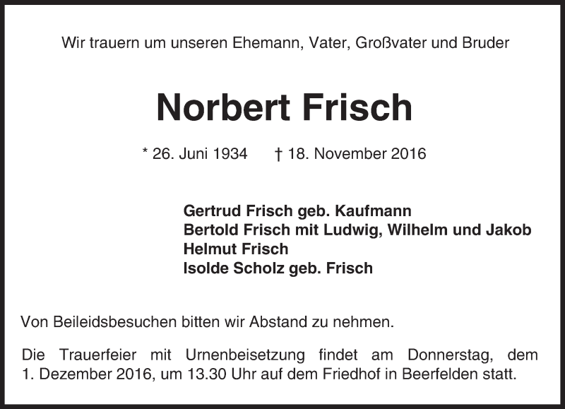  Traueranzeige für Norbert Frisch vom 23.11.2016 aus Trauerportal Echo Online