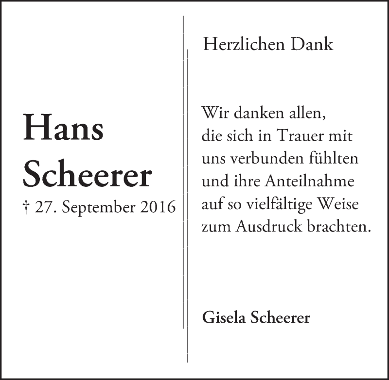  Traueranzeige für Hans Scheerer vom 12.11.2016 aus Trauerportal Echo Online