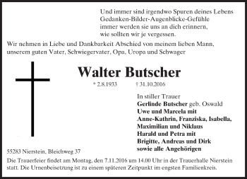 Traueranzeige von Walter Butscher von Trauerportal Rhein Main Presse