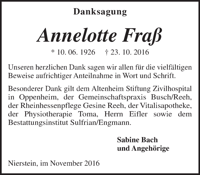  Traueranzeige für Annelotte Fraß vom 19.11.2016 aus Trauerportal Rhein Main Presse