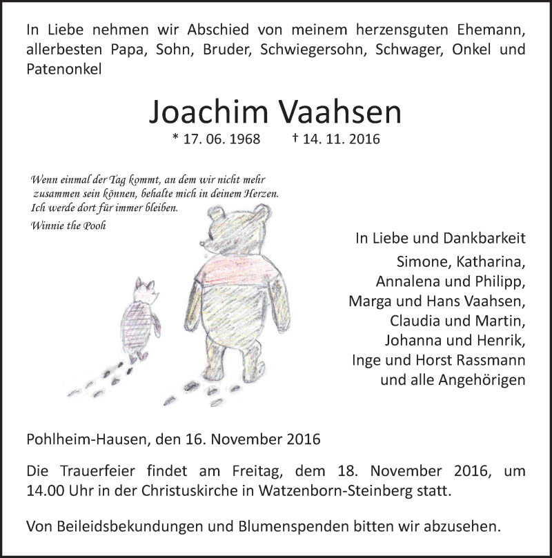  Traueranzeige für Joachim Vaahsen vom 16.11.2016 aus  Gießener Anzeiger