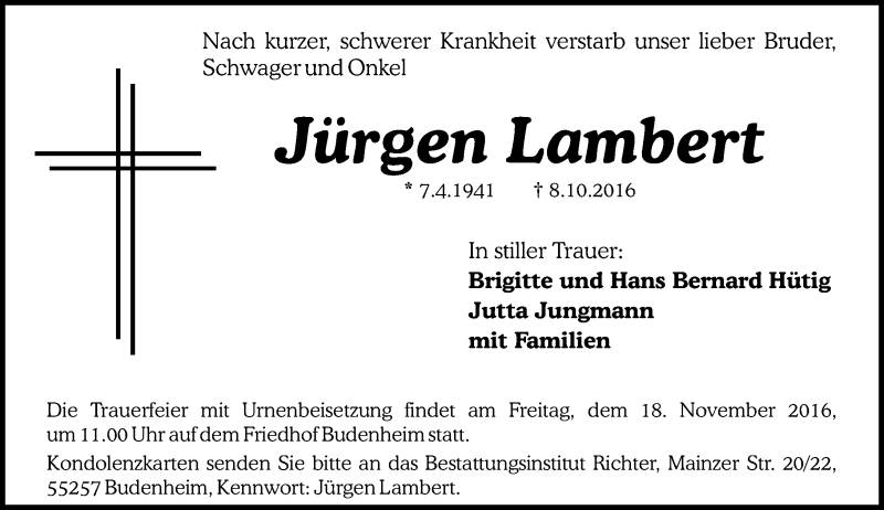  Traueranzeige für Jürgen Lambert vom 10.11.2016 aus Trauerportal Rhein Main Presse