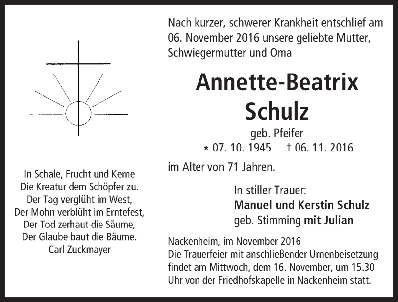  Traueranzeige für Annette-Beatrix Schulz vom 12.11.2016 aus Trauerportal Rhein Main Presse
