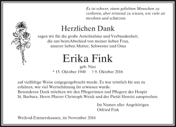Traueranzeige von Erika Fink von  Usinger Anzeiger
