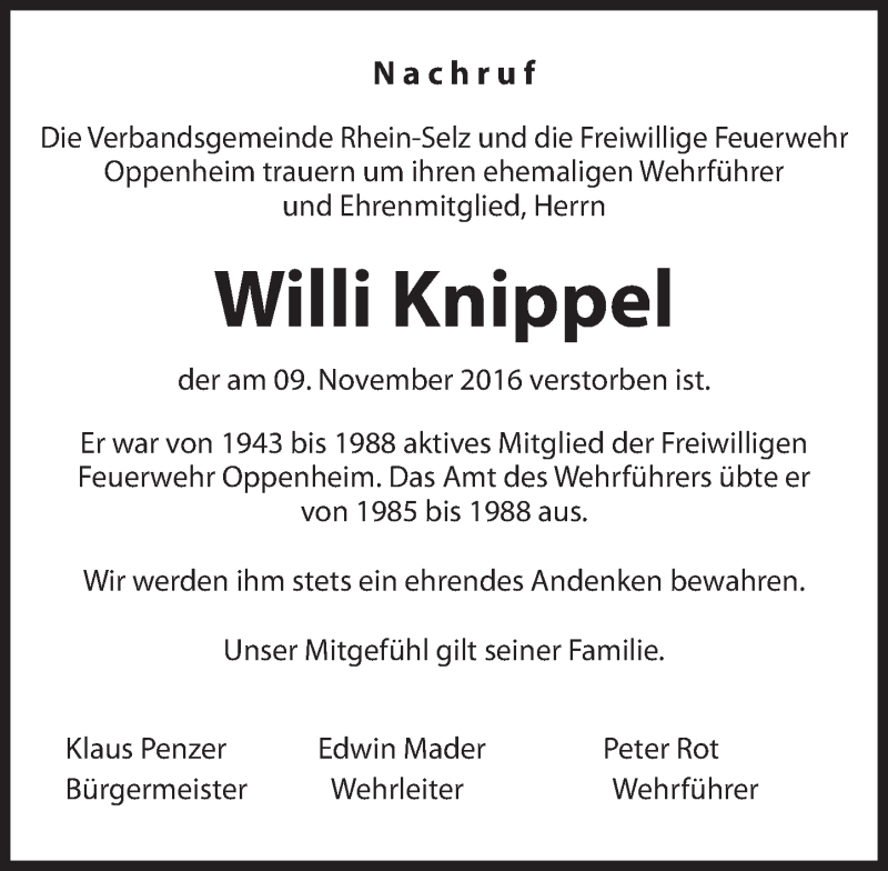  Traueranzeige für Willi Knippel vom 21.11.2016 aus Trauerportal Rhein Main Presse