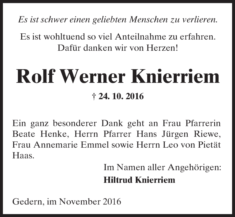  Traueranzeige für Rolf Werner Knierriem vom 26.11.2016 aus  Kreisanzeiger