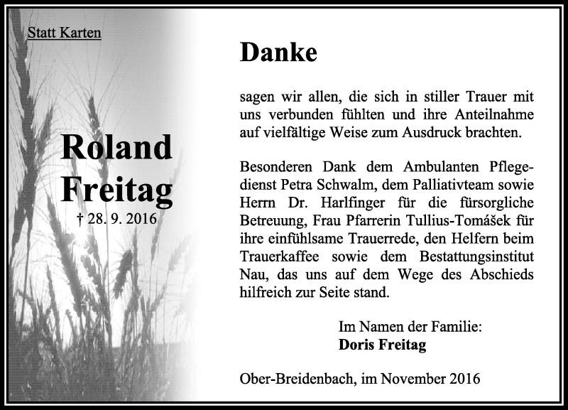  Traueranzeige für Roland Freitag vom 05.11.2016 aus VRM Trauer