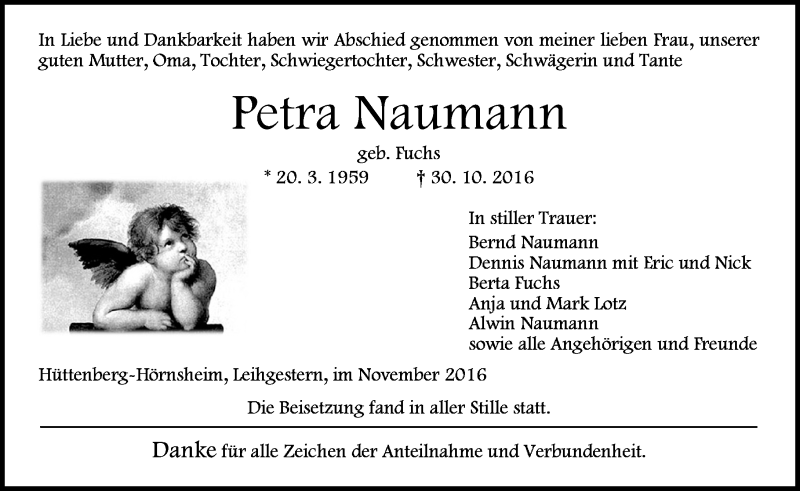  Traueranzeige für Petra Naumann vom 08.11.2016 aus  Gießener Anzeiger