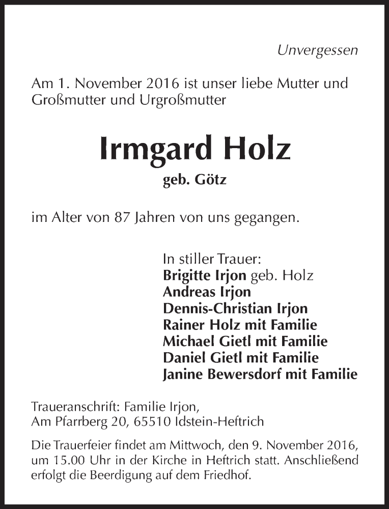  Traueranzeige für Irmgard Holz vom 05.11.2016 aus Trauerportal Rhein Main Presse