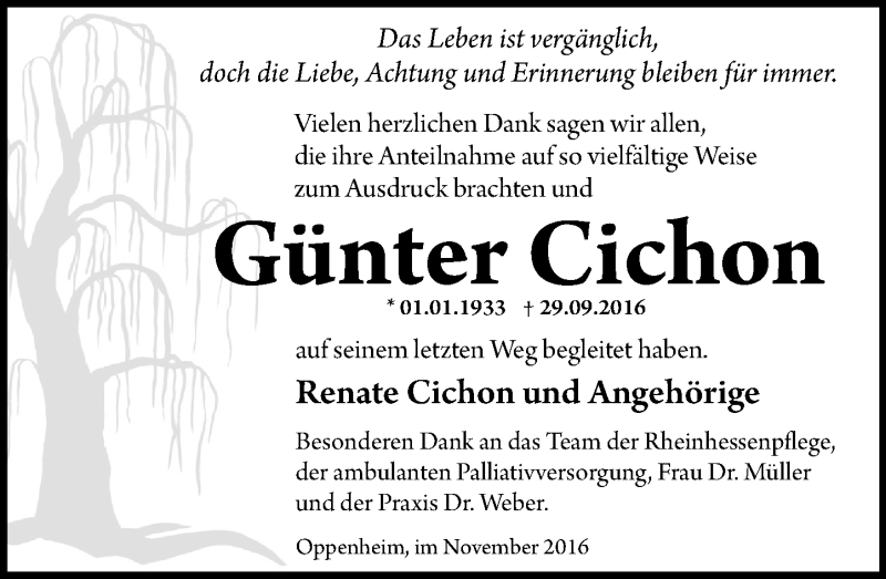  Traueranzeige für Günter Cichon vom 26.11.2016 aus Trauerportal Rhein Main Presse
