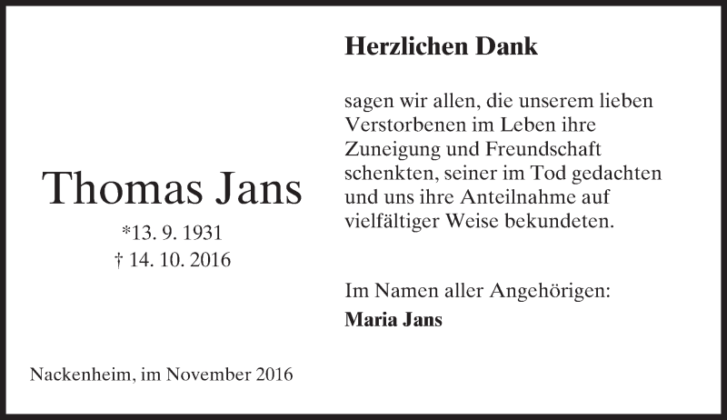  Traueranzeige für Thomas Jans vom 12.11.2016 aus Trauerportal Rhein Main Presse