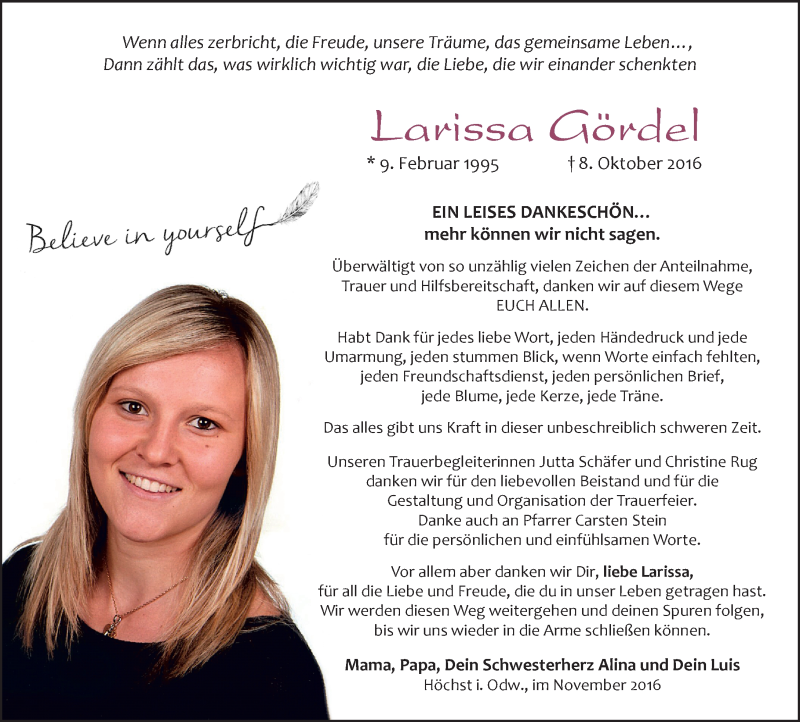  Traueranzeige für Larissa Gördel vom 26.11.2016 aus Trauerportal Echo Online