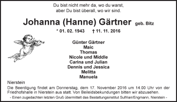 Traueranzeige von Johanana Gärtner von Trauerportal Rhein Main Presse
