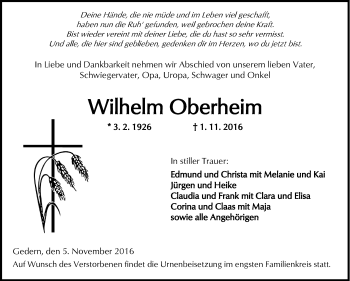 Traueranzeige von Wilhelm Oberheim von  Kreisanzeiger
