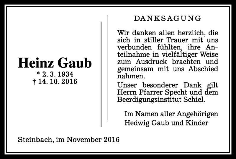  Traueranzeige für Heinz Gaub vom 12.11.2016 aus  Gießener Anzeiger